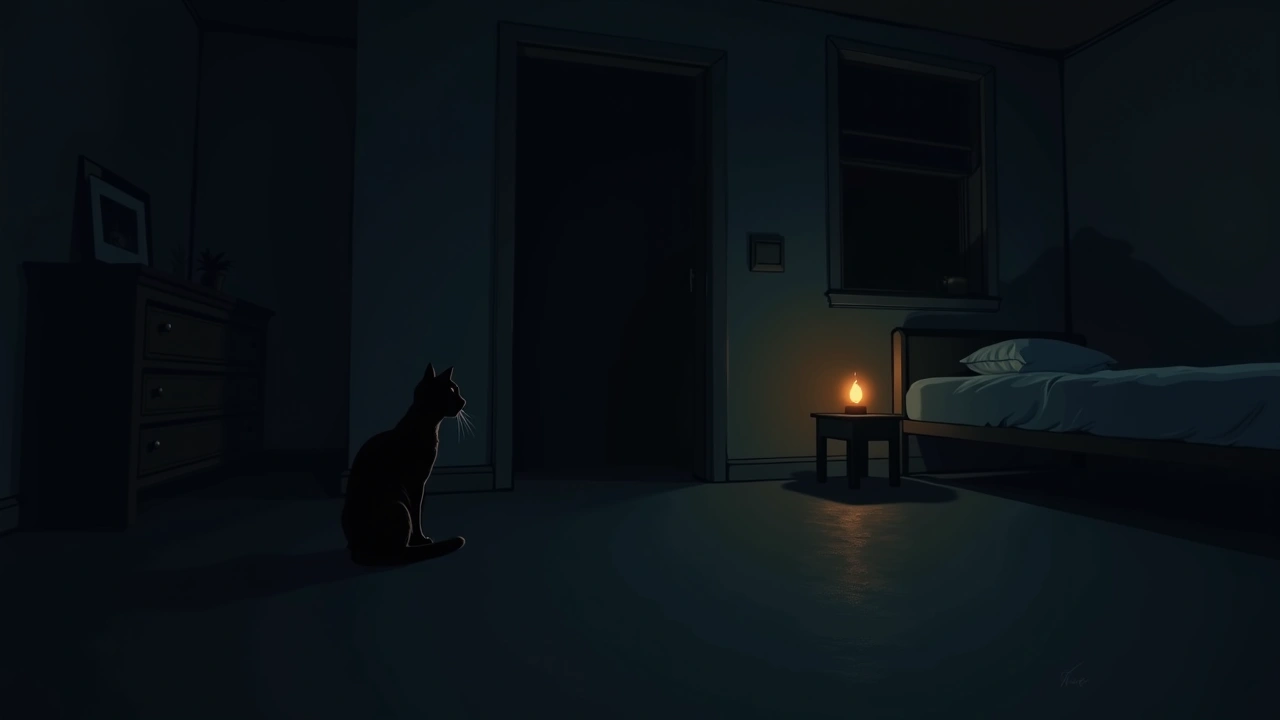 Illustration: a shadowy bedroom at night with a cat staring intently at an empty corner.