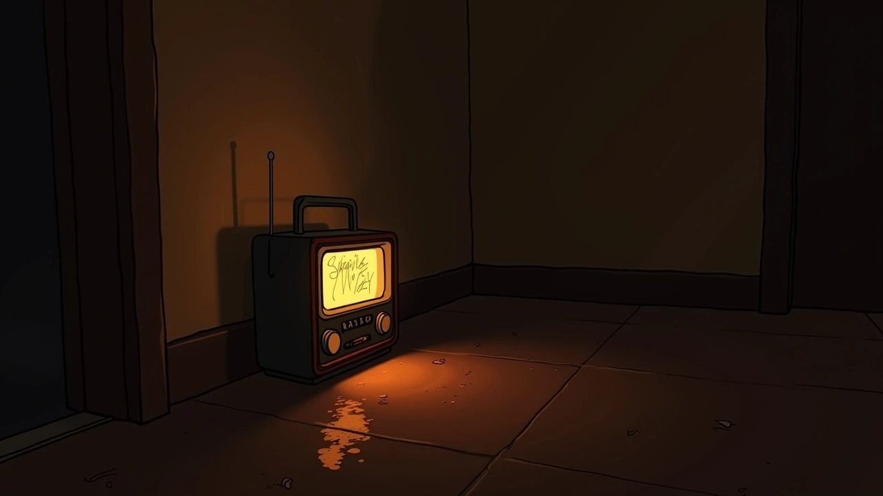 Illustration: a handheld spirit-box radio glowing with static in a dark room, a volume dial catching the light.
