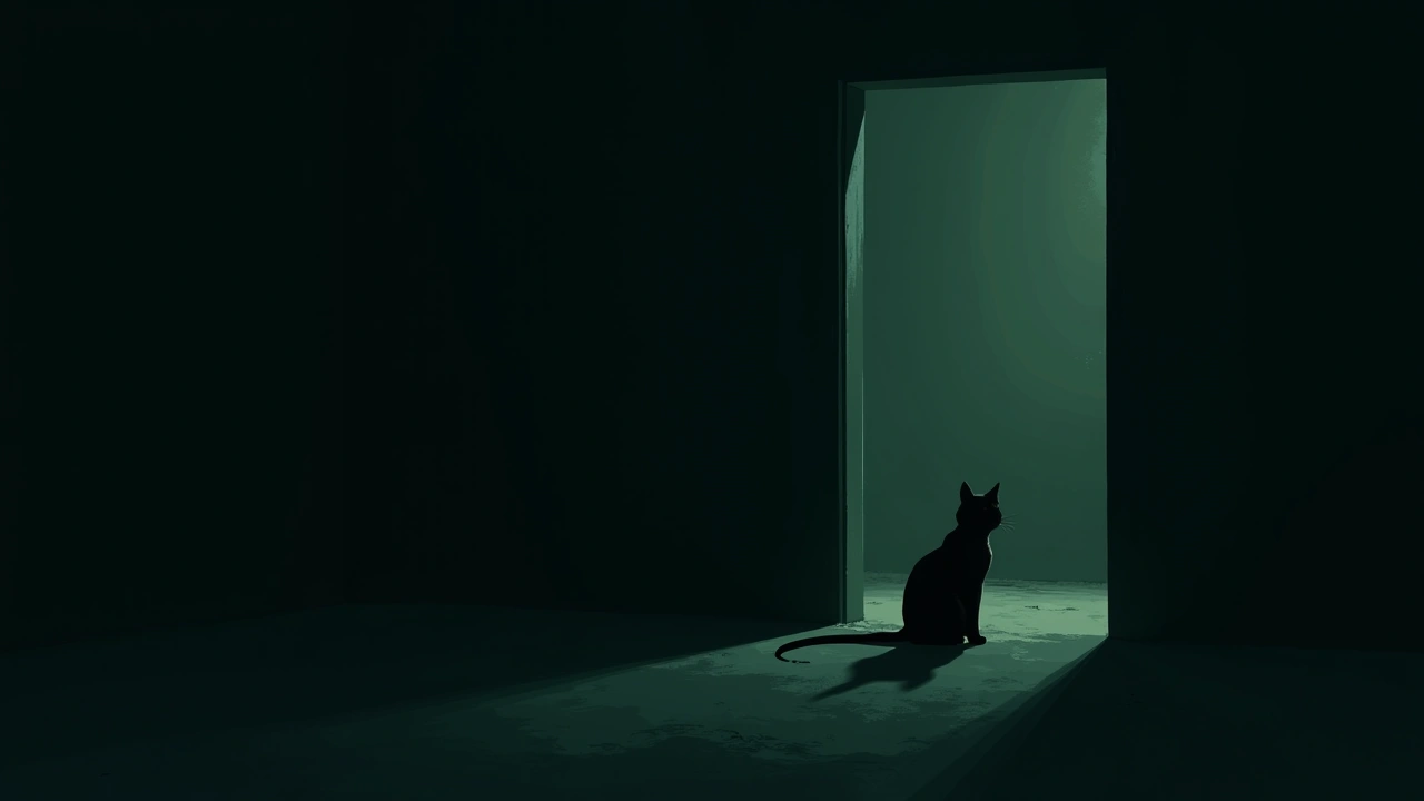 Illustration: A shadowy room at night with a cat's silhouette watching from a doorway.