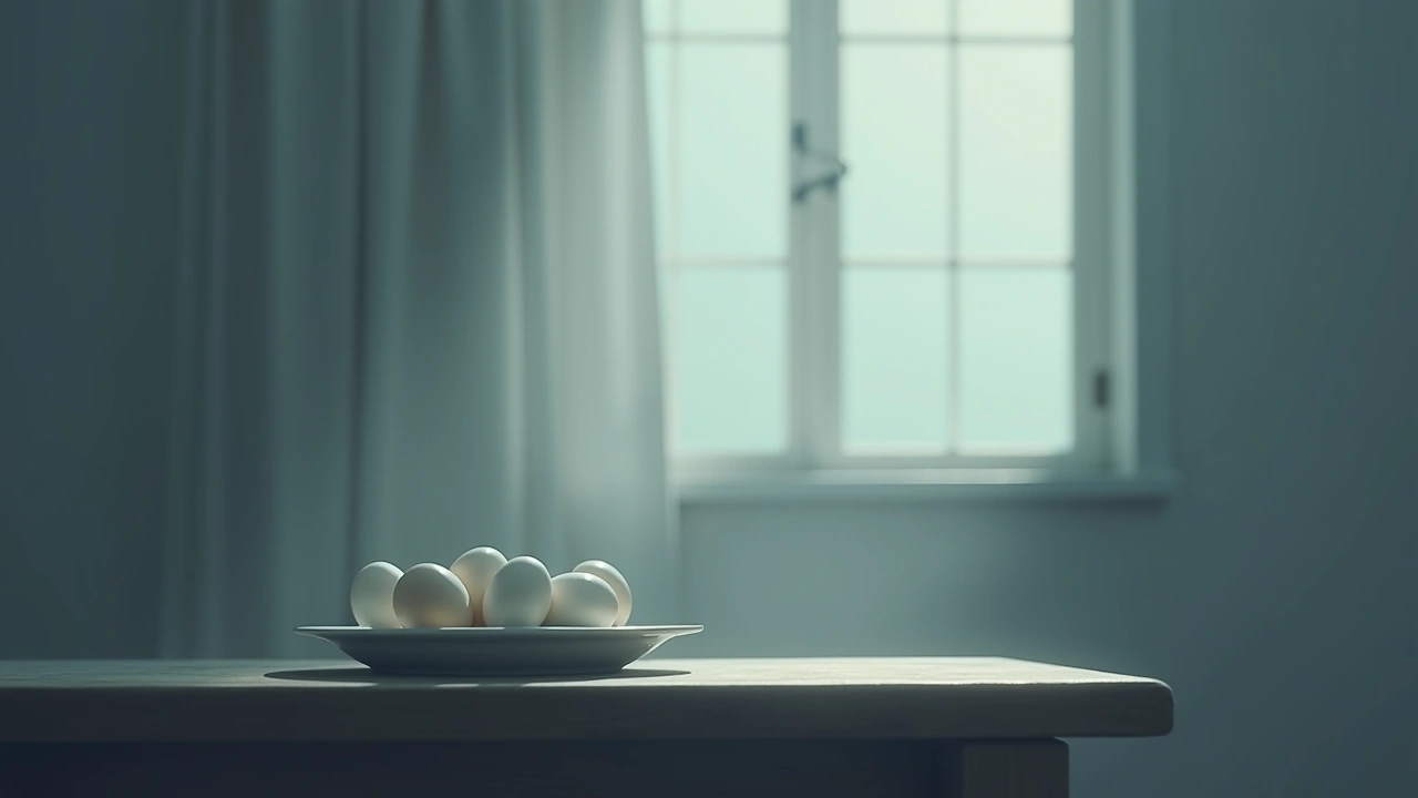 Illustration: a breakfast table set with a plate of eggs in early morning light.