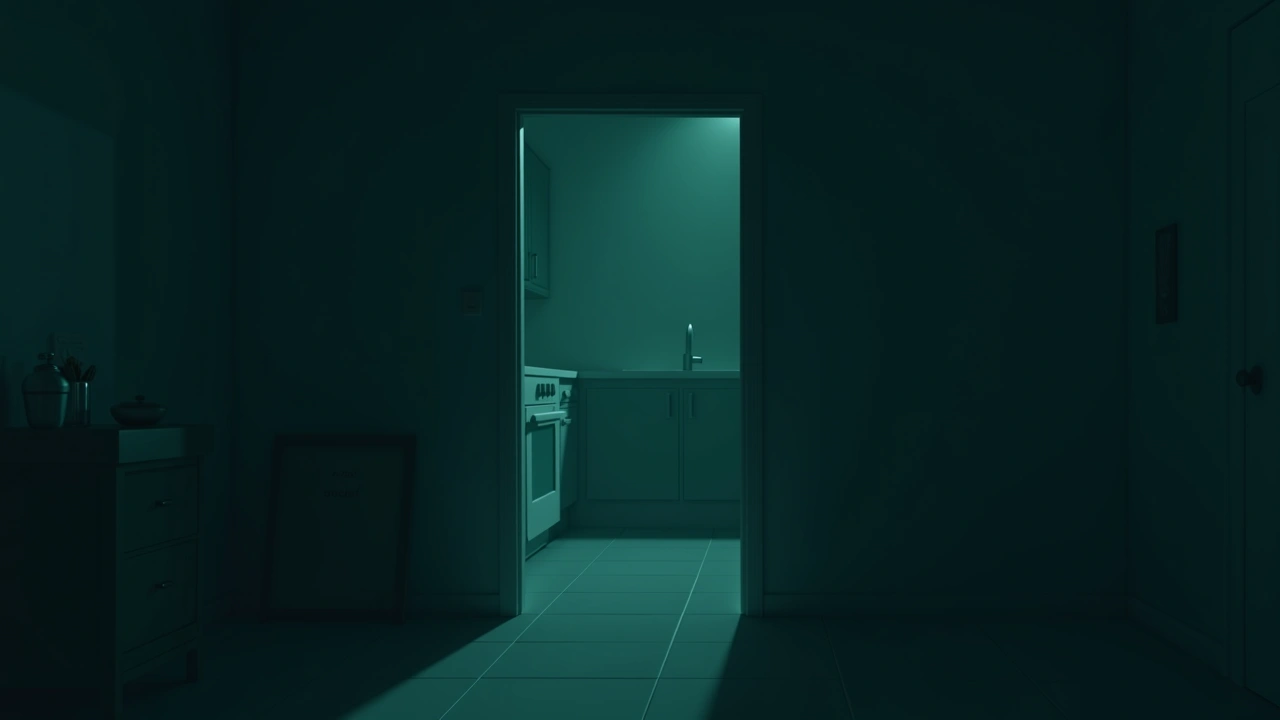 Illustration: A dim kitchen doorway seen from a living room at night, a faint glow reflecting off the walls.