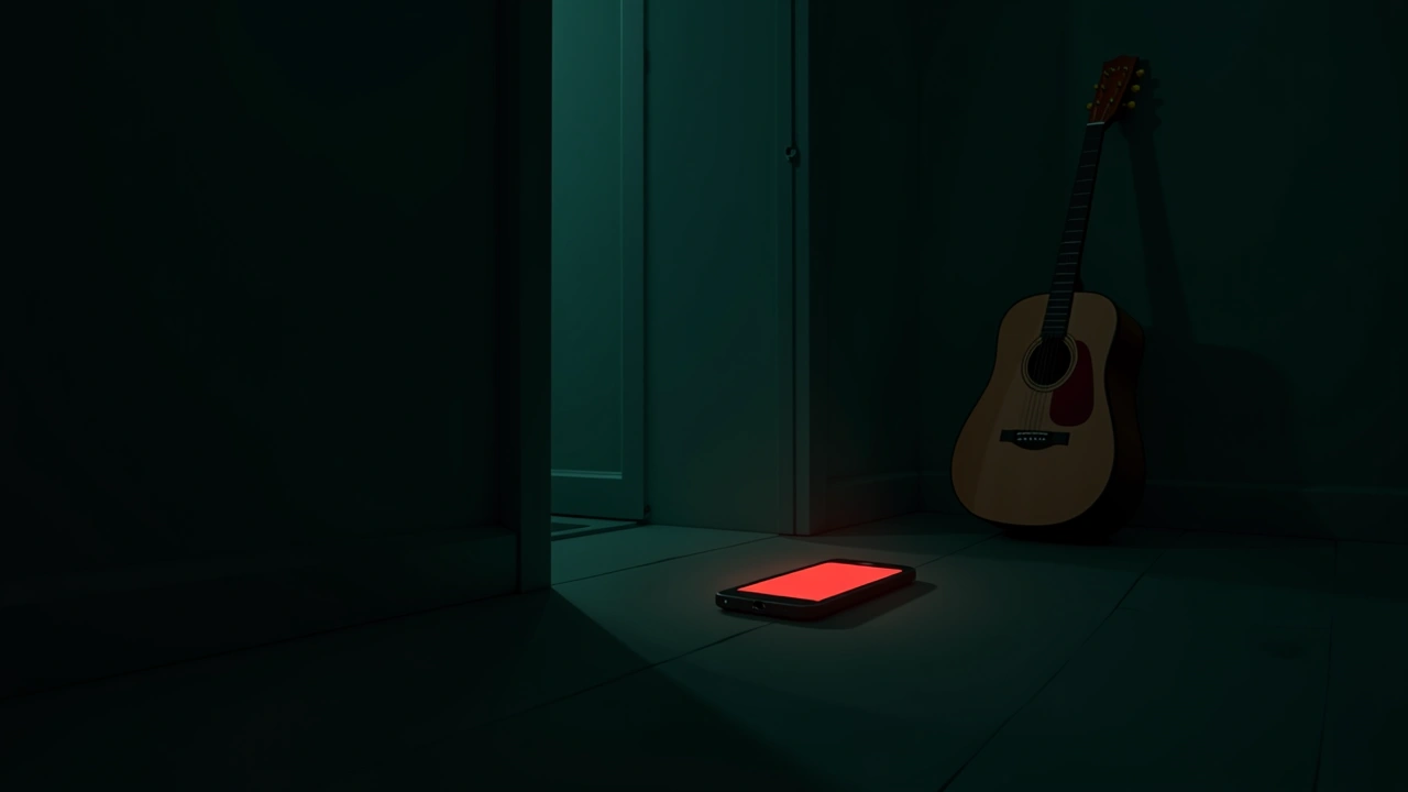 Illustration: a smartphone screen glowing deep red in a dim room, a guitar leaning in the background.