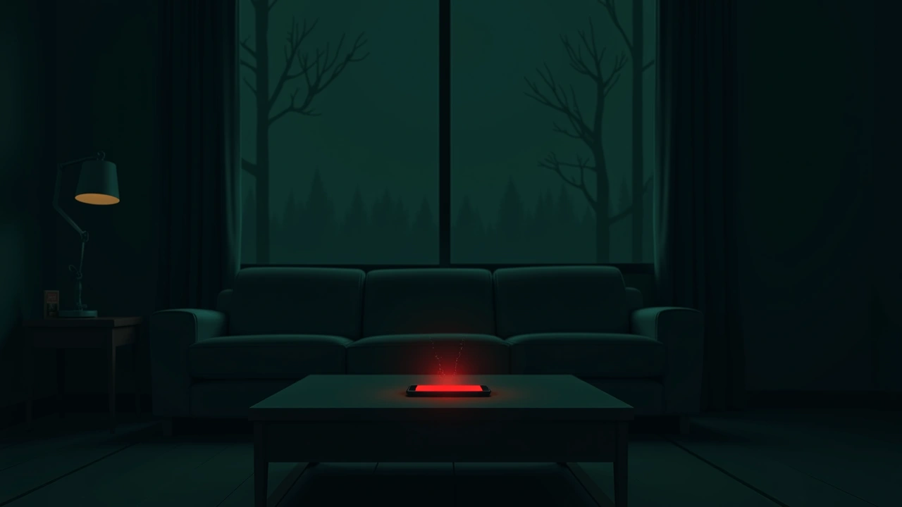 Illustration: A dim living room at dusk with a presence-detector app glowing red on a phone screen atop a coffee table.