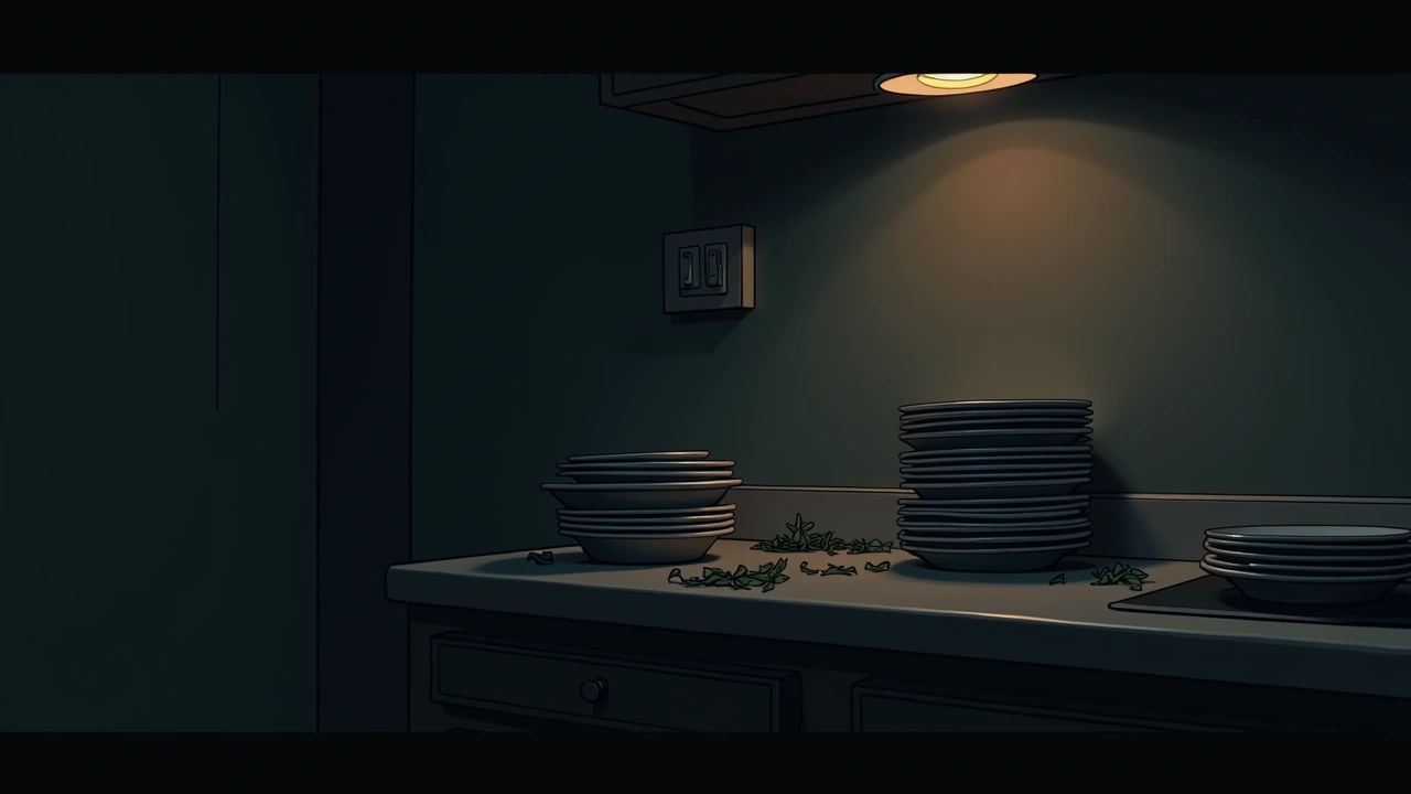 Illustration: a cluttered kitchen counter with a stack of unwashed dishes.