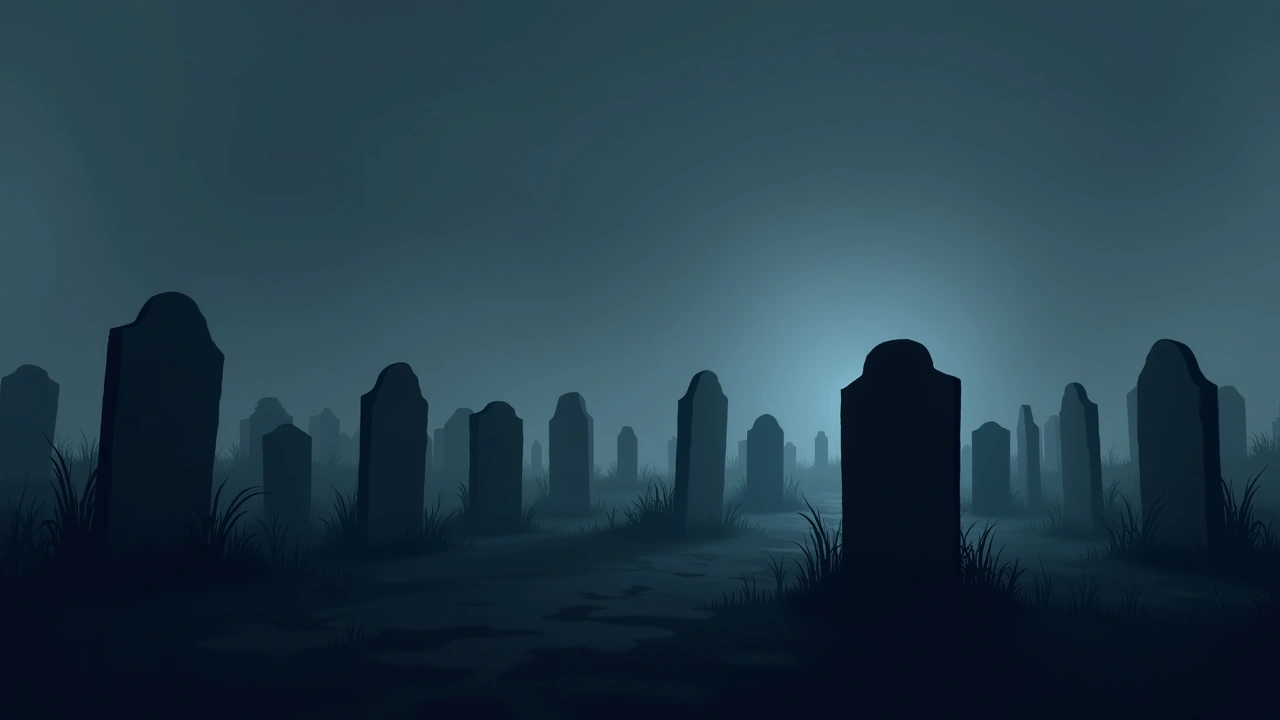 Illustration: A cemetery at dusk with rows of old tombstones and an unmarked grave in the foreground.