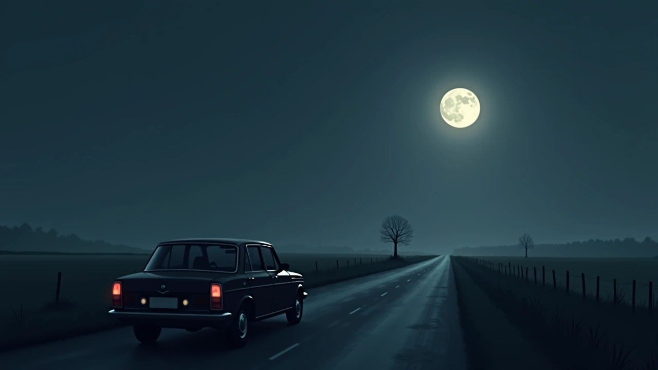 Illustration: A car parked on a dark rural road at night, an empty field across the road under a full moon.