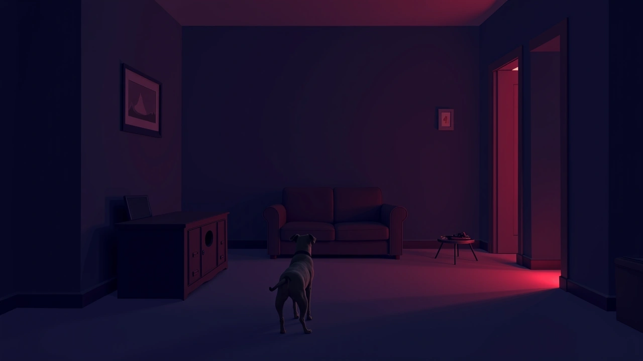 Illustration: A dog barking toward an empty corner of a dim living room, a device glowing red nearby.