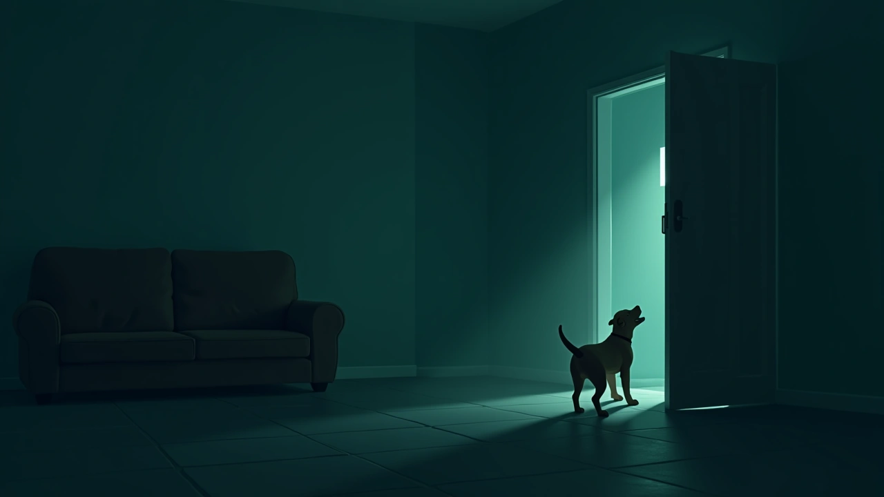 Illustration: a dog barking at something unseen in a dim living room.