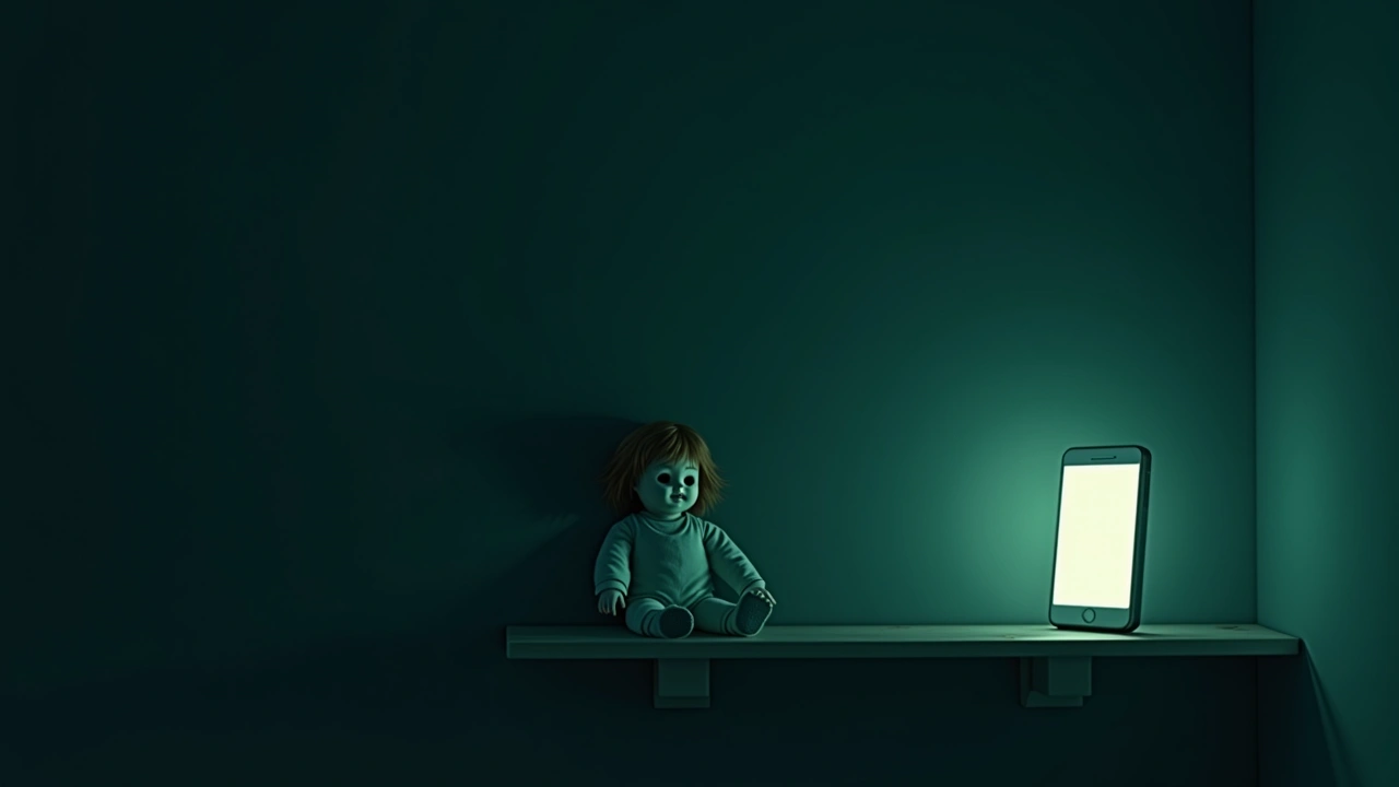 Illustration: a haunted-looking doll on a shelf beside a glowing old smartphone in a dim bedroom.