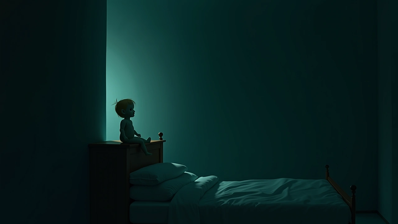 Illustration: an old doll propped on a shelf in a dim bedroom.