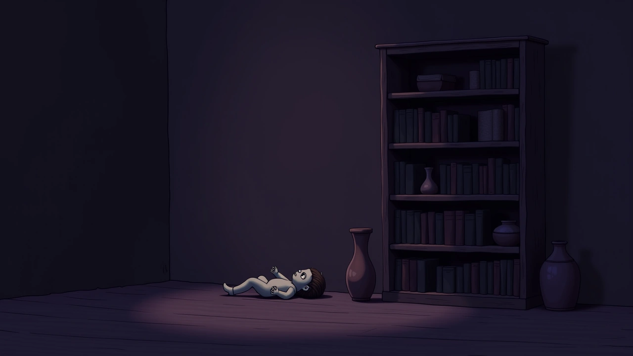 Illustration: A tall bookshelf with a doll knocked to the floor and vases overturned nearby.