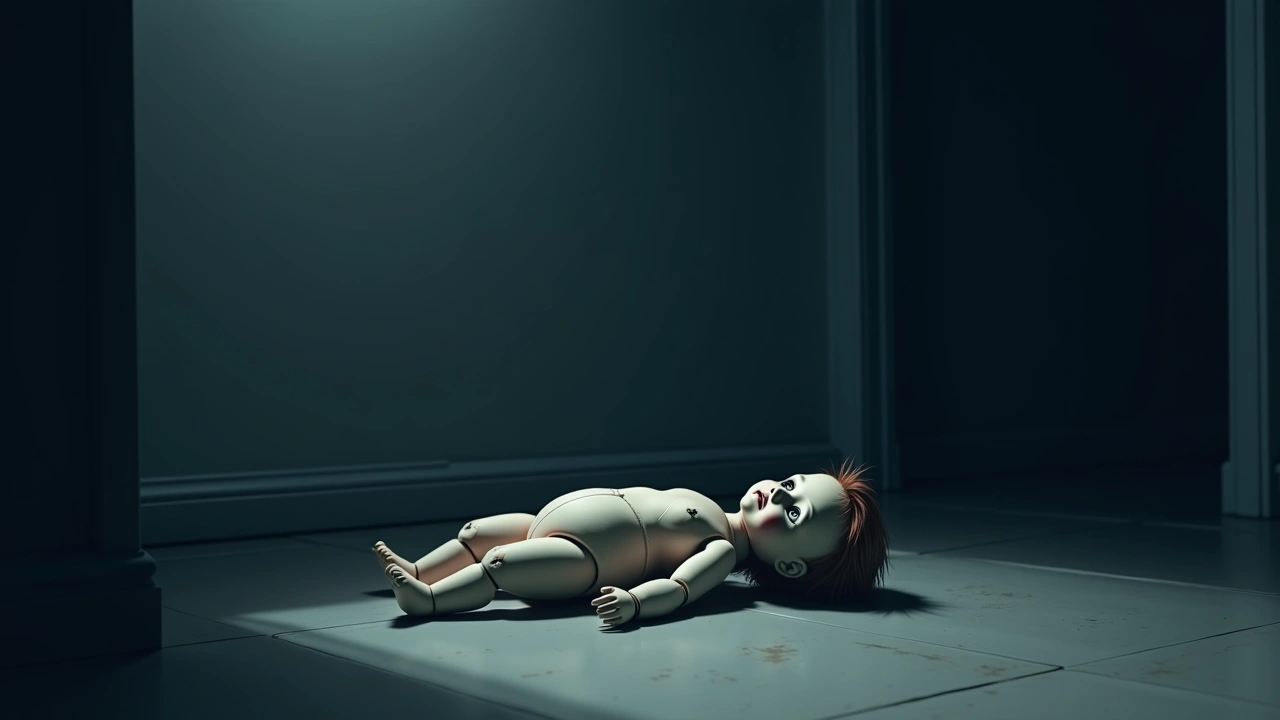 Illustration: an old doll lying on the floor of a dim, empty bedroom.