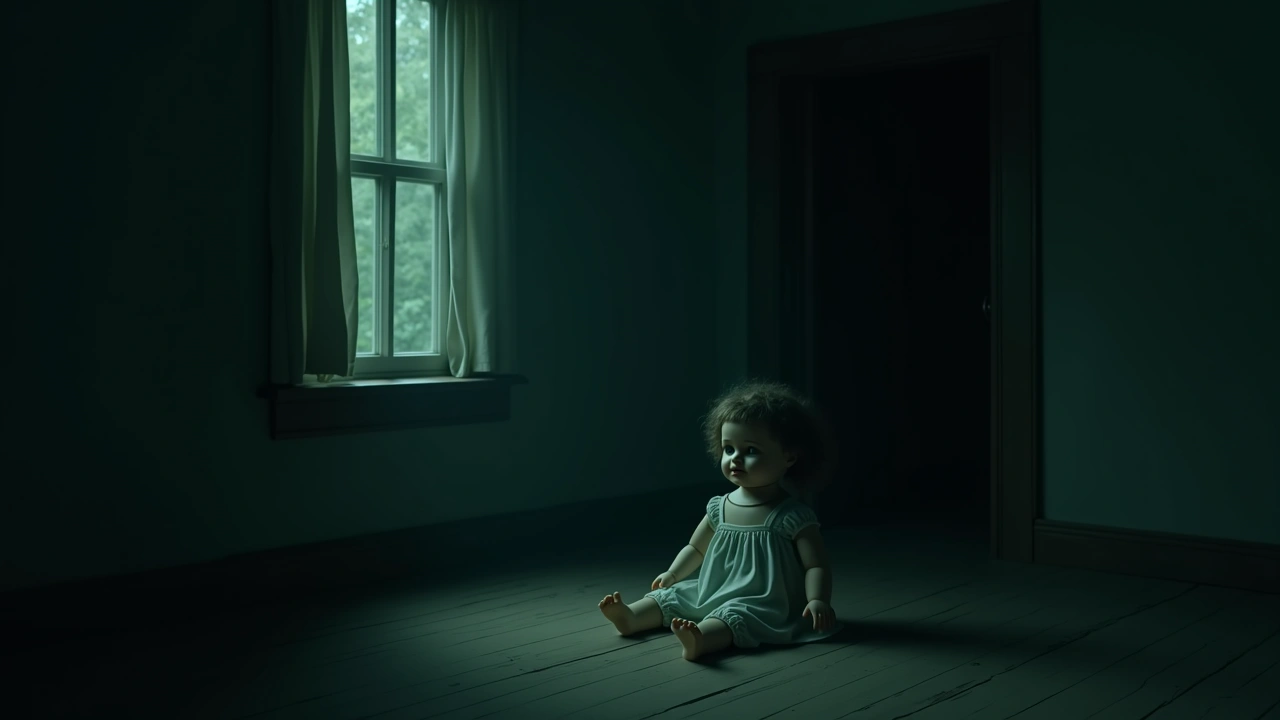 Illustration: an old porcelain doll seated in a dim, empty farmhouse room.