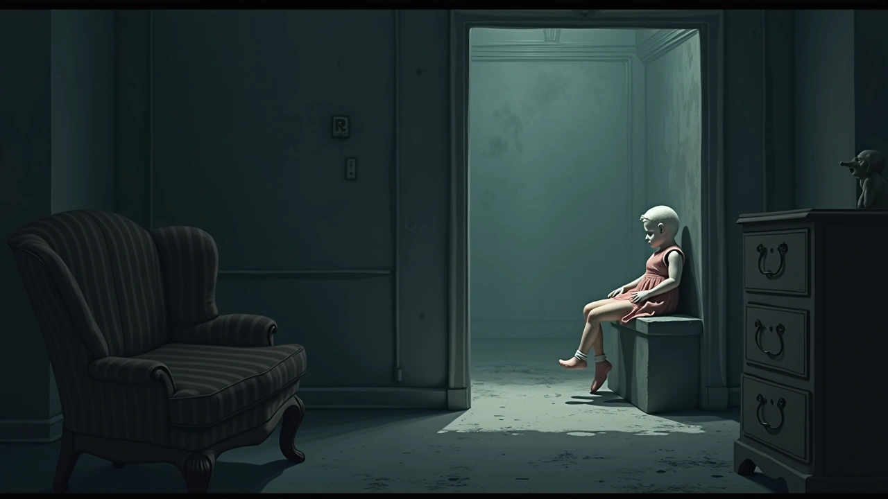 Illustration: an antique porcelain doll sitting on a shelf in a dim shop, surrounded by old furniture.