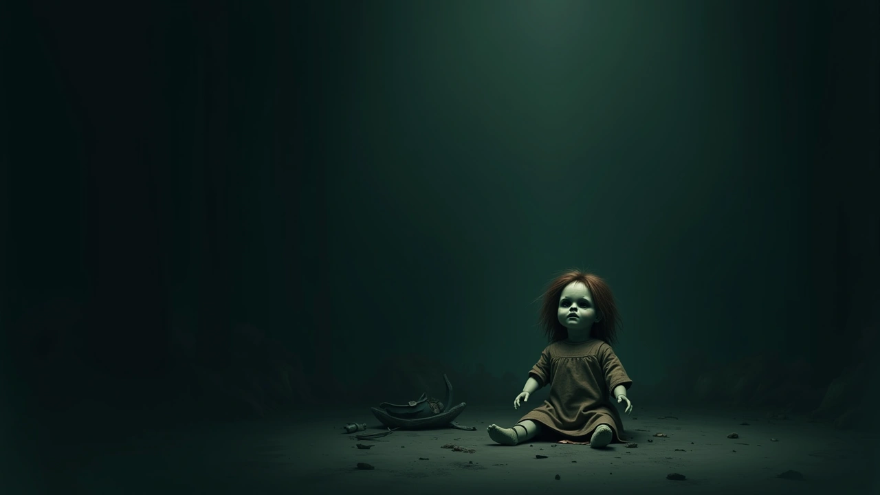 Illustration: an old doll wearing tattered clothing, sitting in dim light.