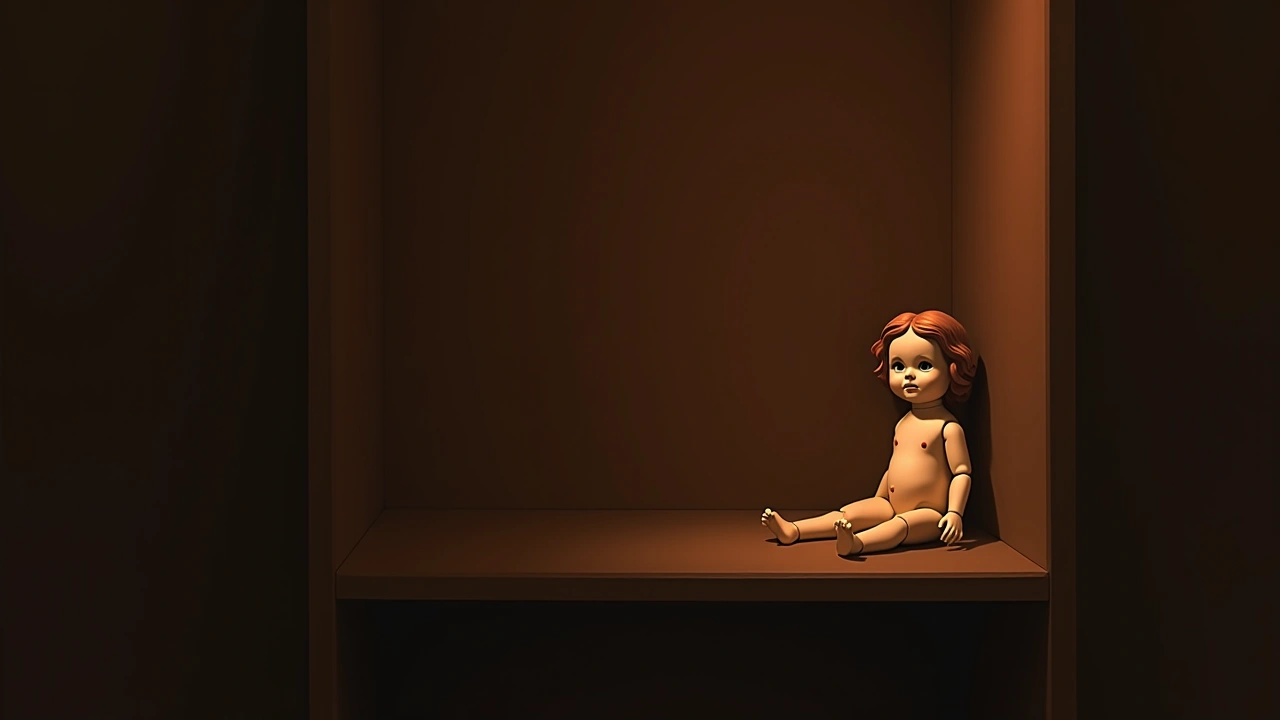 Illustration: a porcelain doll sitting on a shelf in dim light.