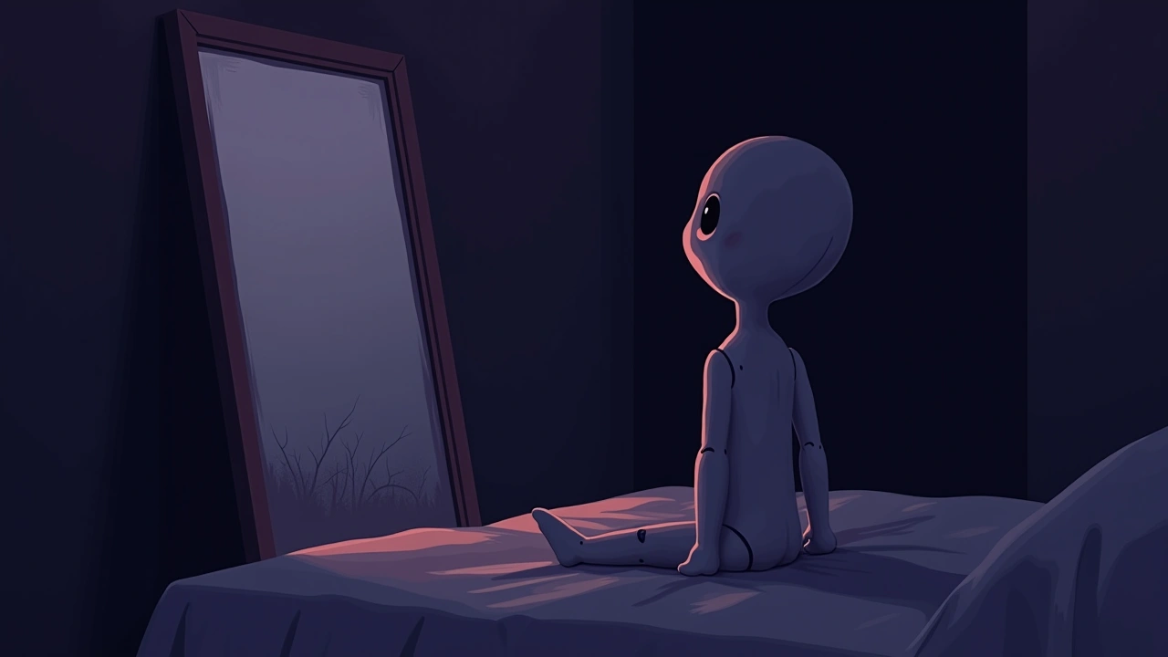Illustration: a haunted doll propped in front of a dim bedroom mirror at night.