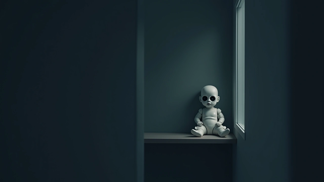 Illustration: a porcelain doll sitting on a shelf in a dim bedroom, its glass eyes catching a sliver of light.