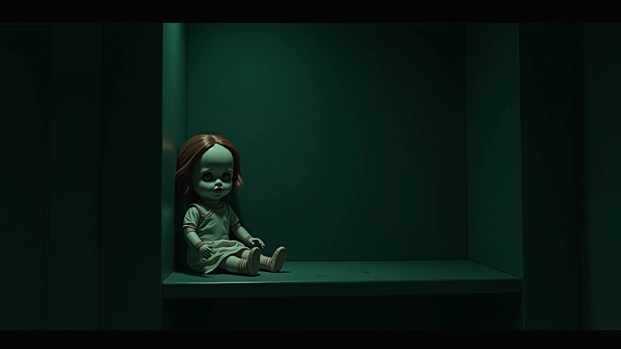 Illustration: An old porcelain doll sitting alone on a shelf in a dim basement.