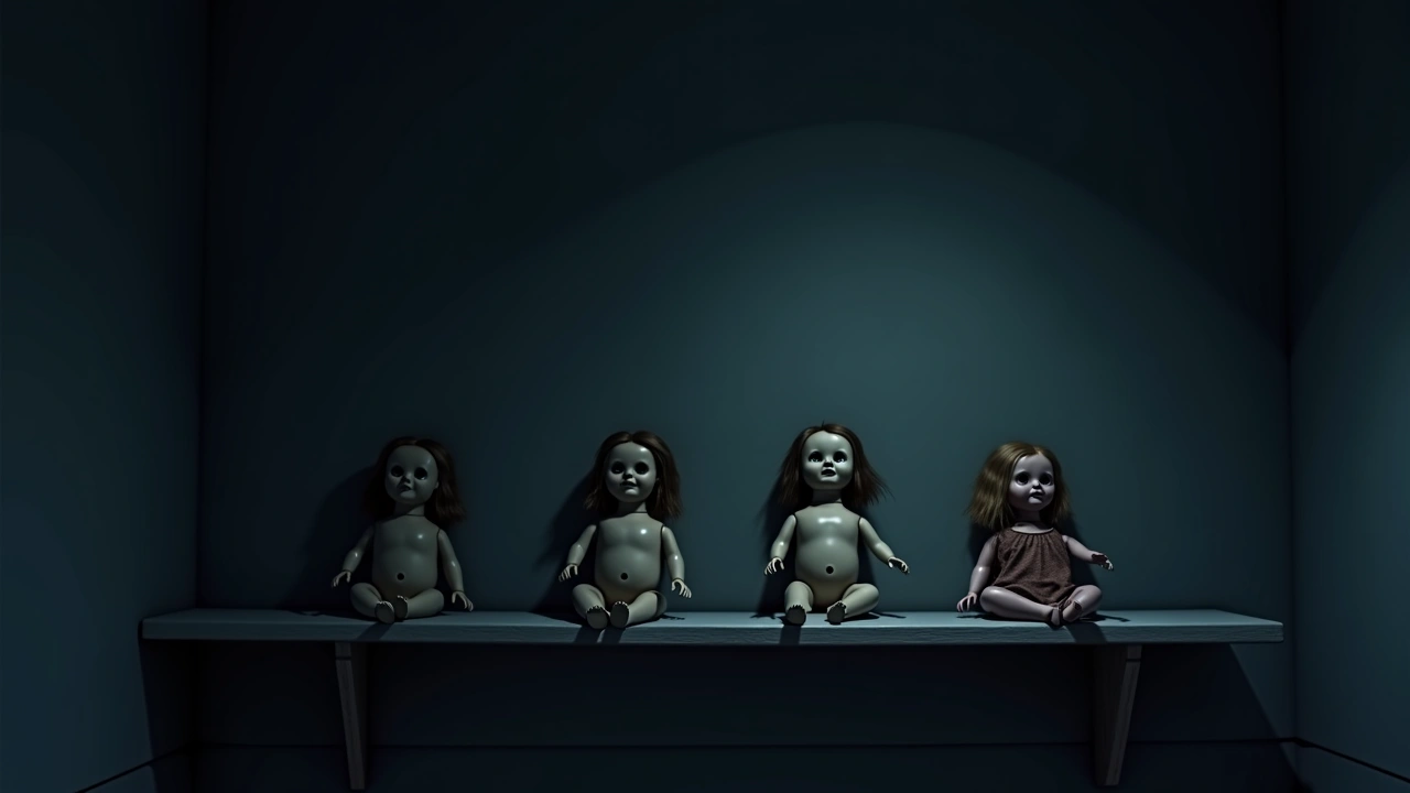 Illustration: a row of old dolls on a shelf in a dim bedroom at night, one doll tilted slightly out of place.
