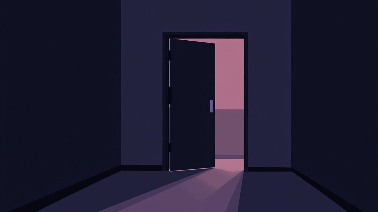 Illustration: a hallway door slightly ajar, trembling on its own in dim evening light.