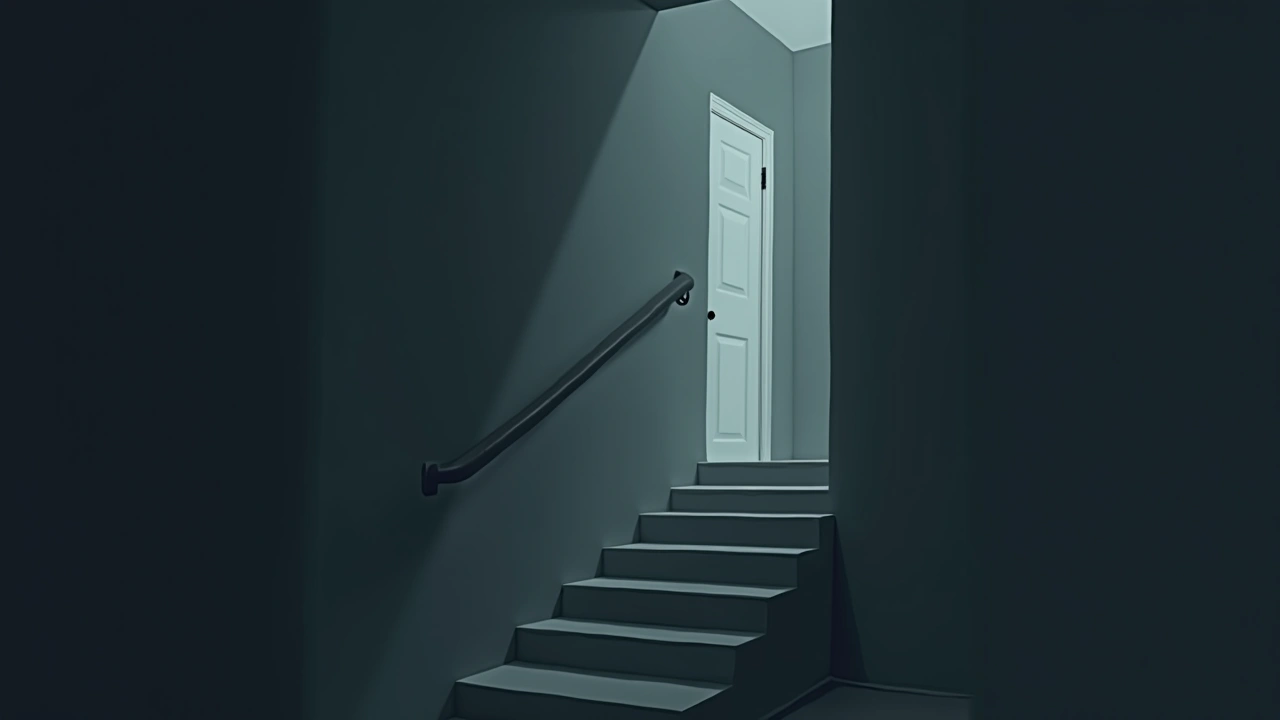 Illustration: a dim basement stairwell leading up to a closed bedroom door.