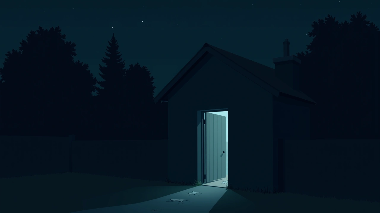 Illustration: a garden door standing ajar at night, still trees beyond it.