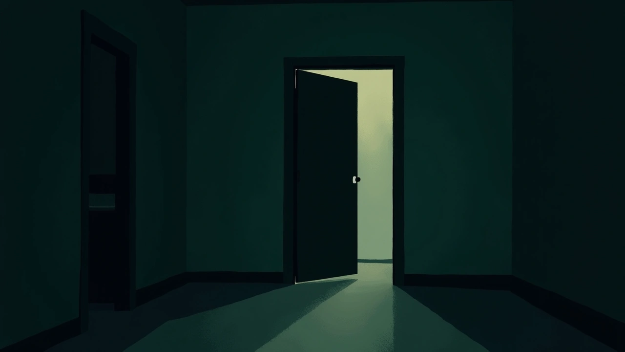 Illustration: A laundry room door that leads outside, standing mysteriously ajar in a dim house at night.