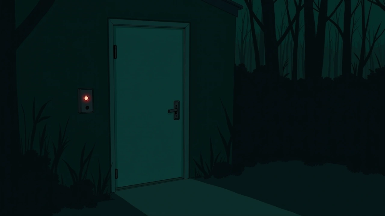 Illustration: a front door with a doorbell at dusk, faint red glow spilling from a phone screen.