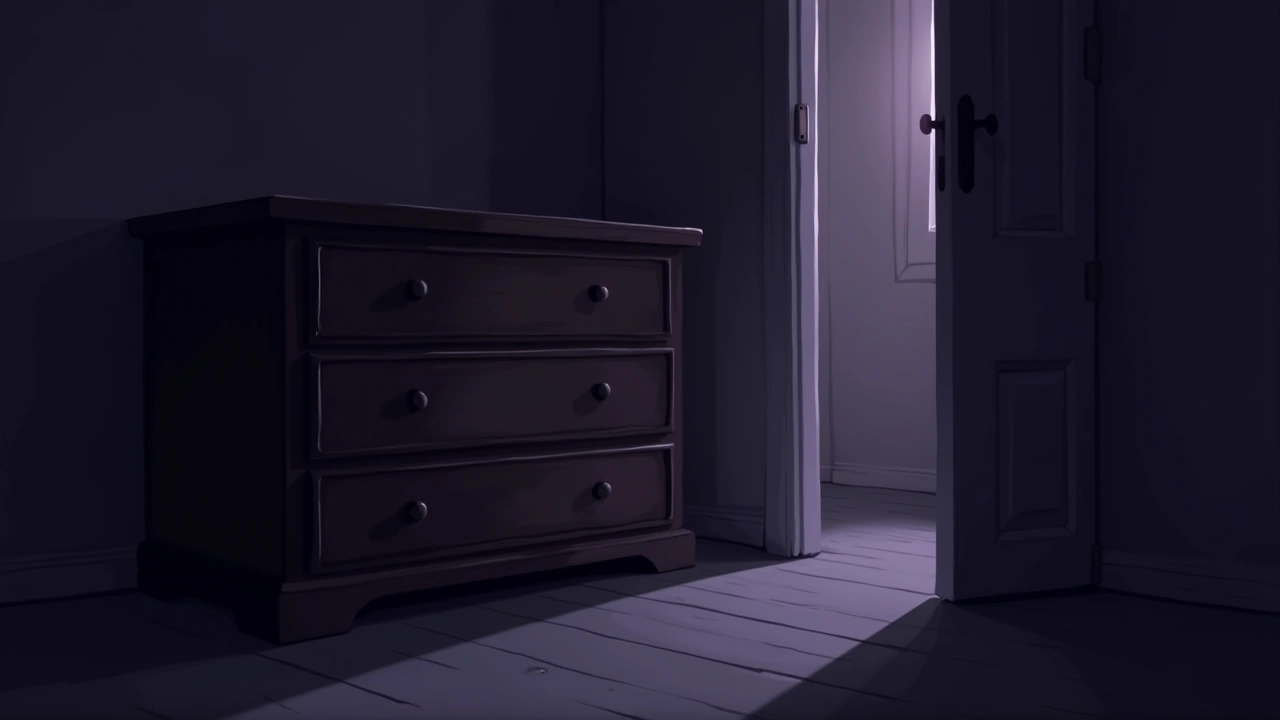 Illustration: an old wooden dresser drawer sliding open on its own in a dim bedroom.