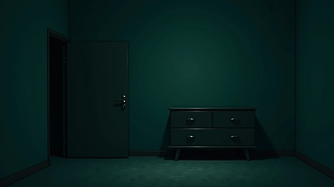 Illustration: a dresser drawer trembling on its own in a dim bedroom corner.