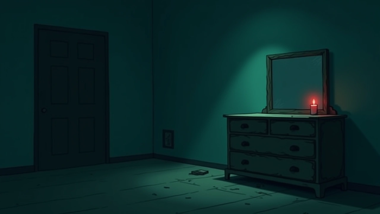 Illustration: an old wooden dresser in a dim bedroom, a faint red glow nearby.