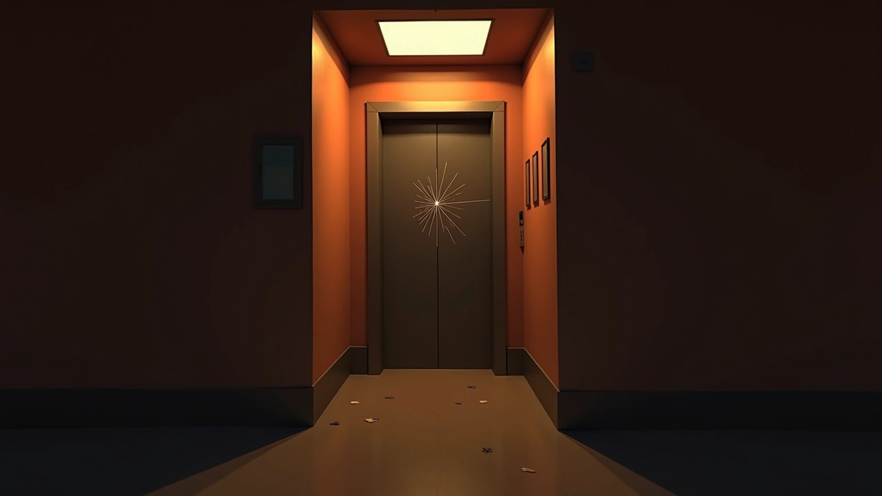 Illustration: a stalled elevator with a cracked mirror inside, dim overhead light.