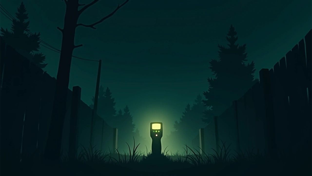 Illustration: a handheld EMF detector glowing in a dark backyard at night.