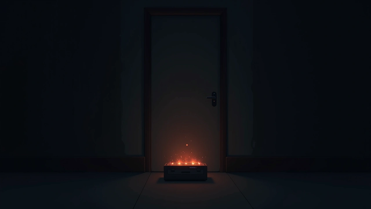 Illustration: An EMF reader with lights spiking in a dark, empty room.