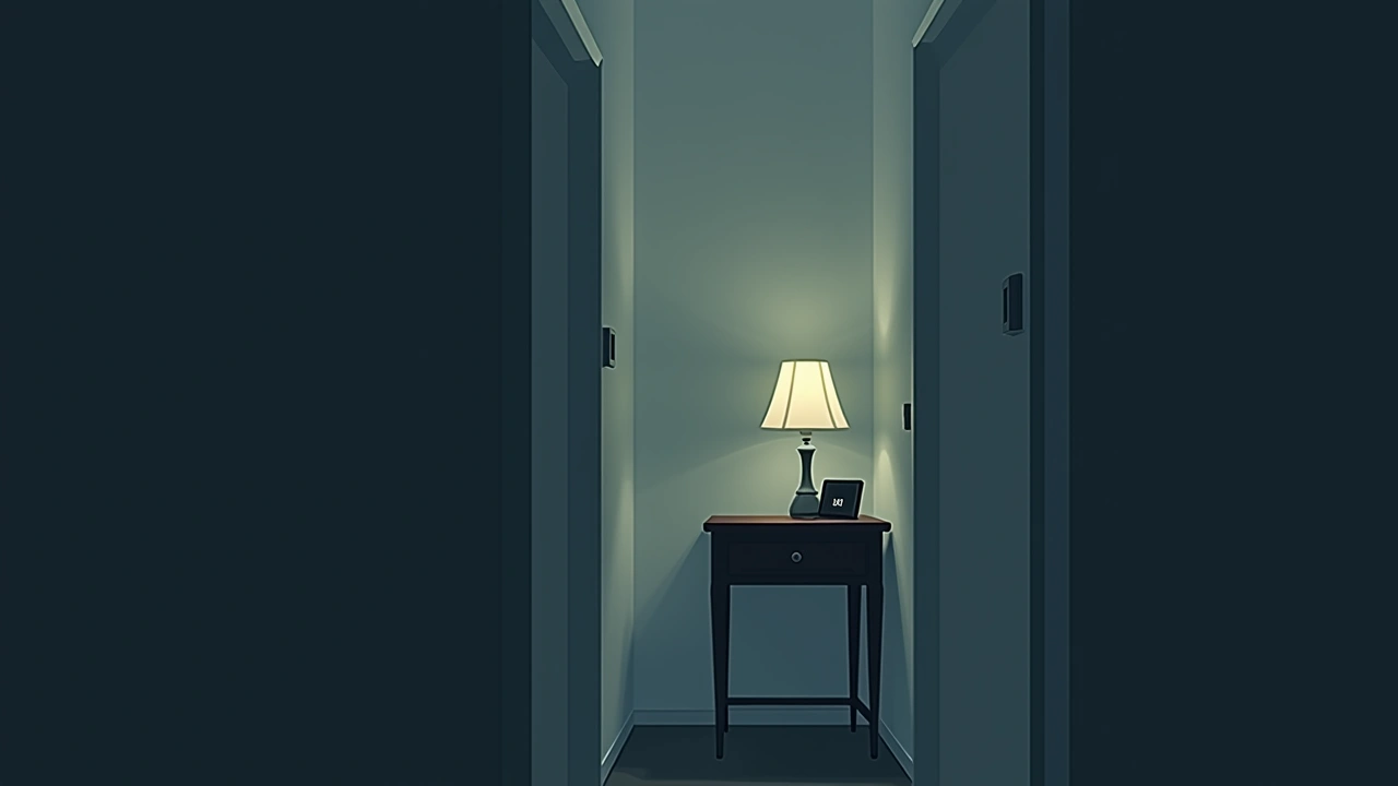 Illustration: a quiet house hallway at dusk, a small handheld EMF detector on a side table.