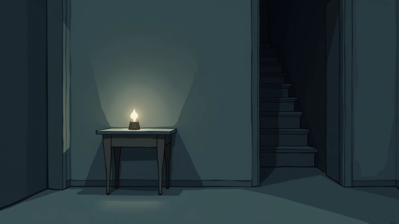 Illustration: a small table in a dim room, an empty apartment stairwell leading up into darkness.