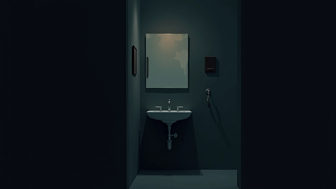 Illustration: a foggy bathroom mirror in a dim, quiet bathroom.