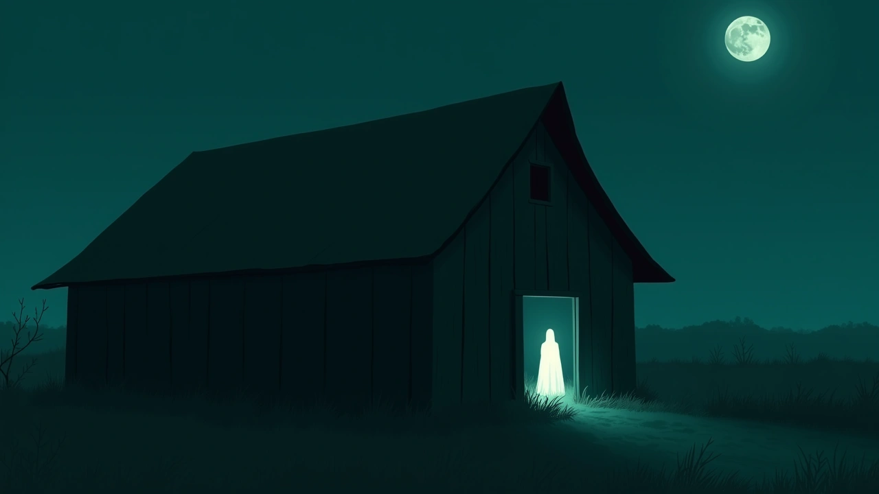 Illustration: A moonlit wooden barn at night, a pale, indistinct shape glimpsed through a single lit window.