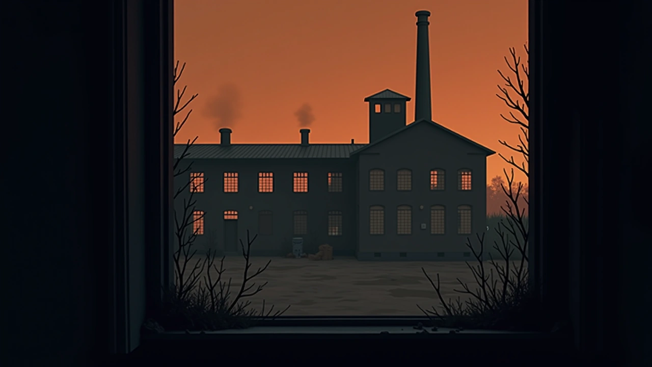 Illustration: an old factory building seen from a house's back window at night.