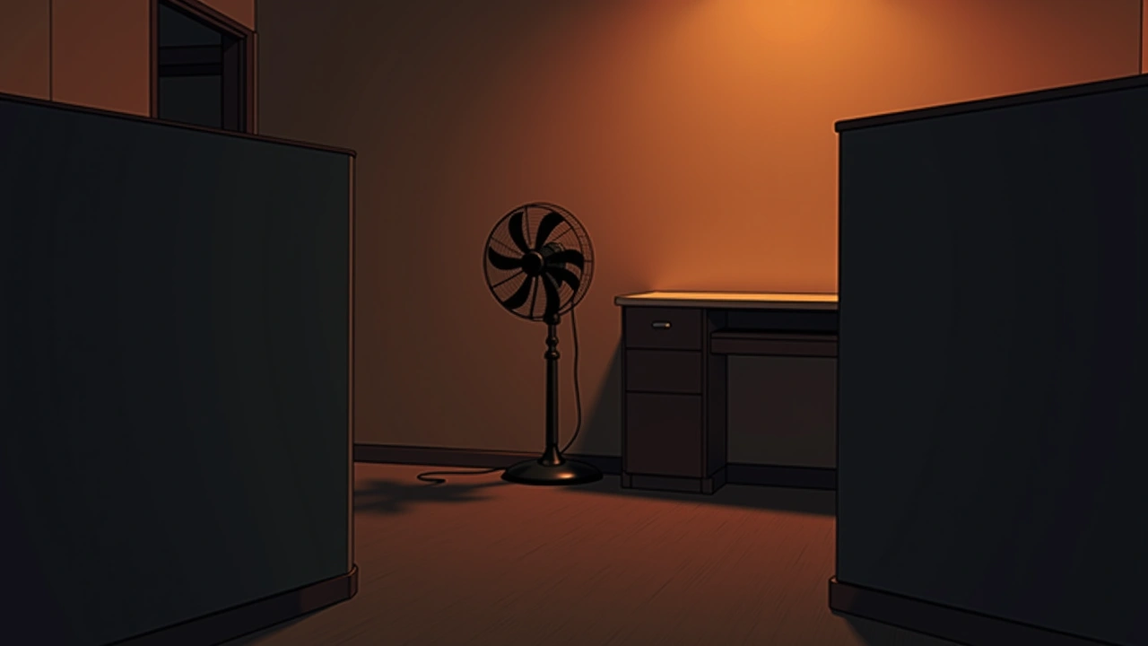 Illustration: a floor fan in the corner of an empty office cubicle.