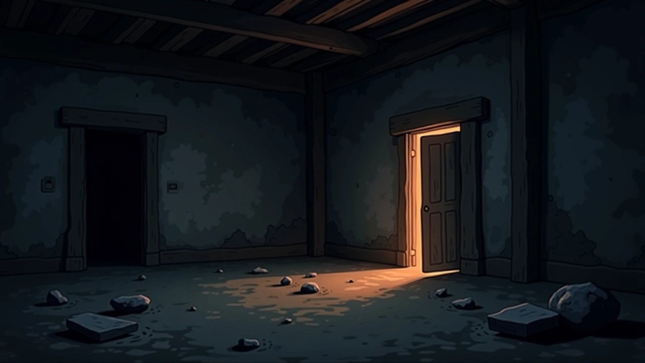 Illustration: an old farmhouse room at night with a few scattered stones on the floor.