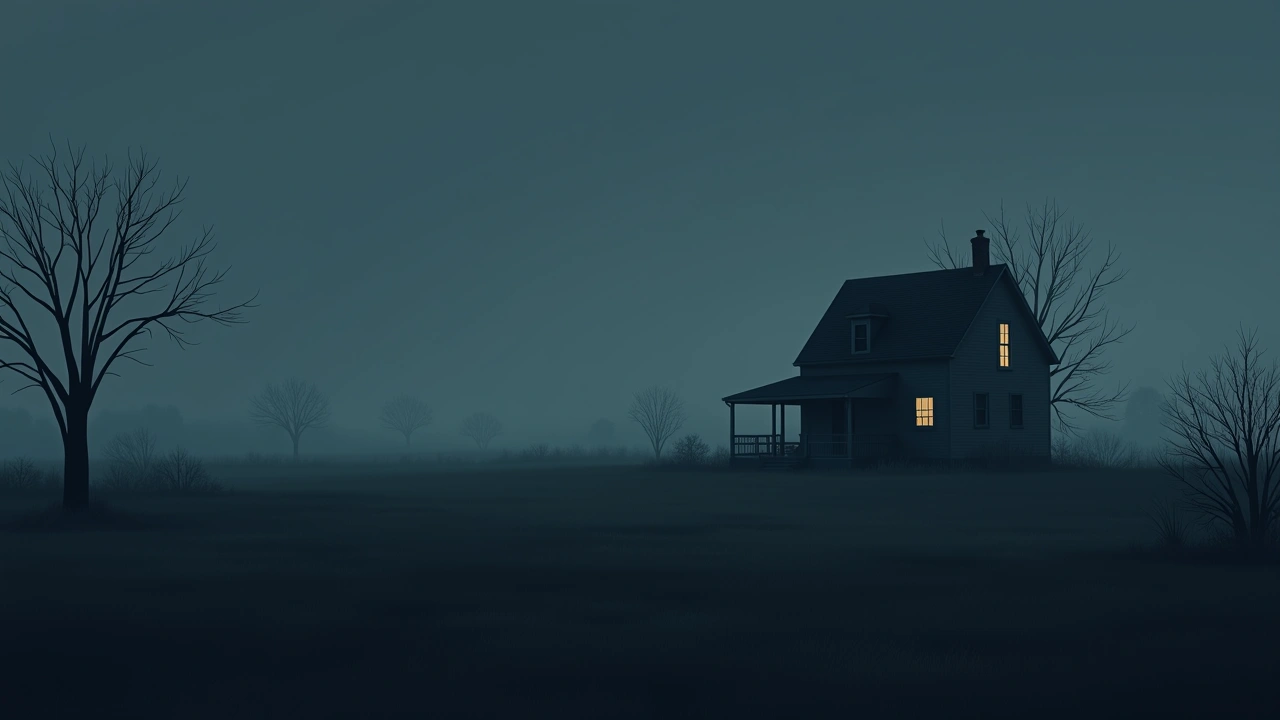 Illustration: a suburban house at night on old farmland, one upstairs window lit.