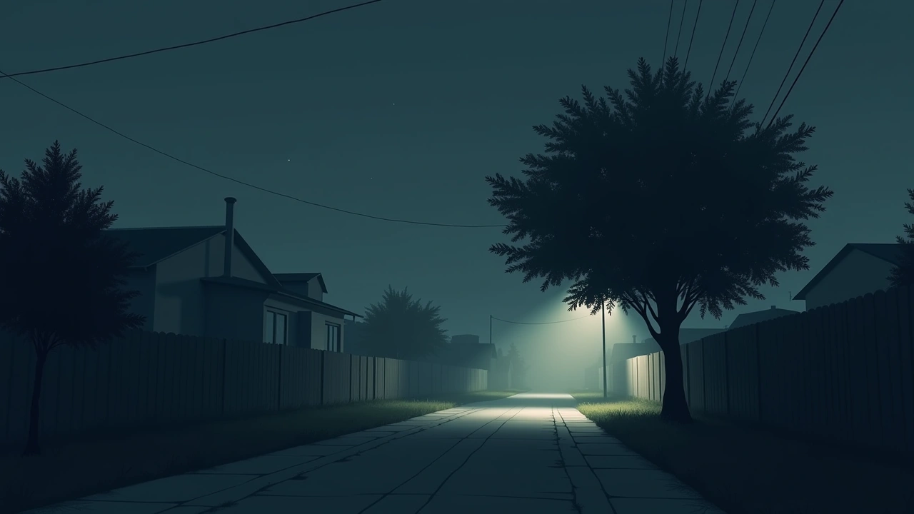 Illustration: A fig tree in a quiet neighborhood at night.
