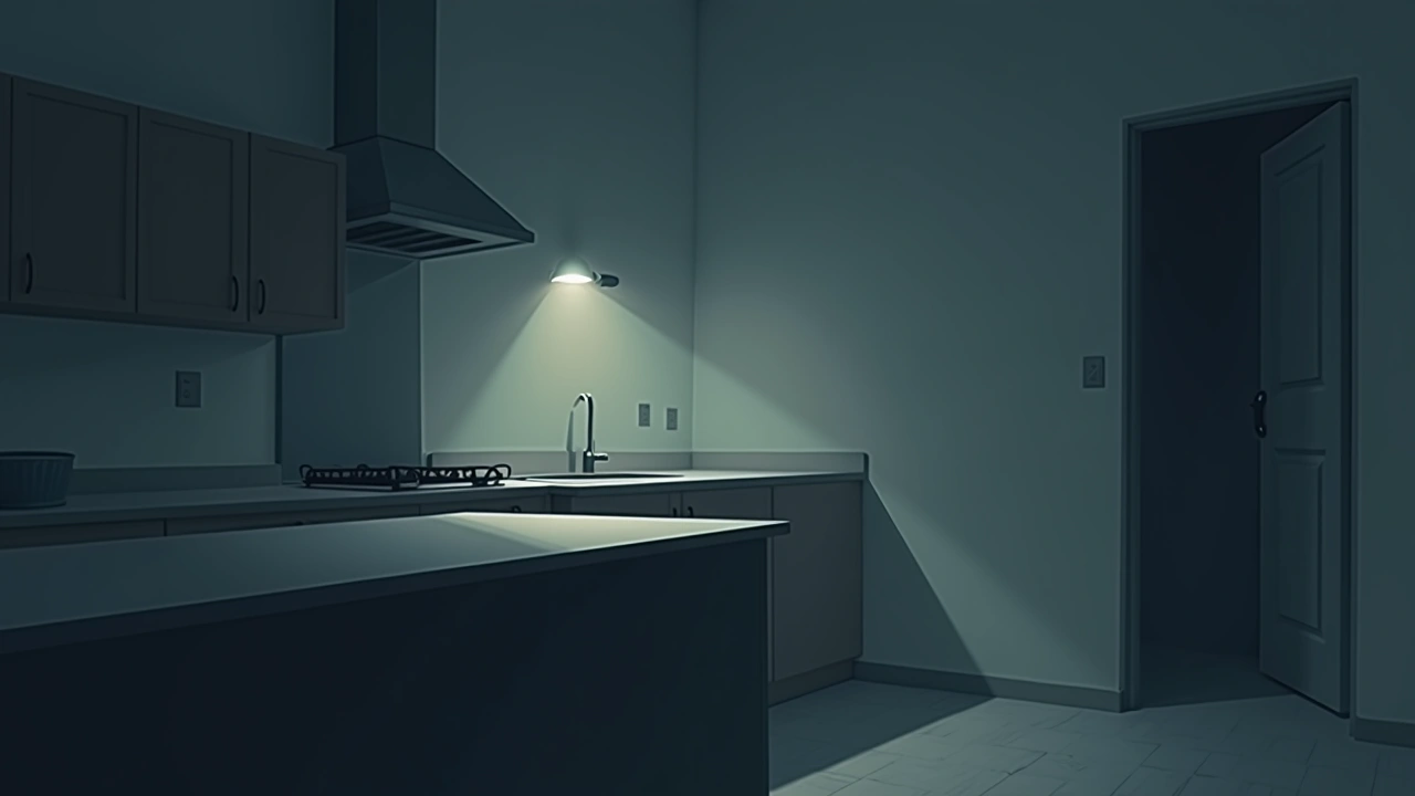 Illustration: a kitchen island under dim evening light.