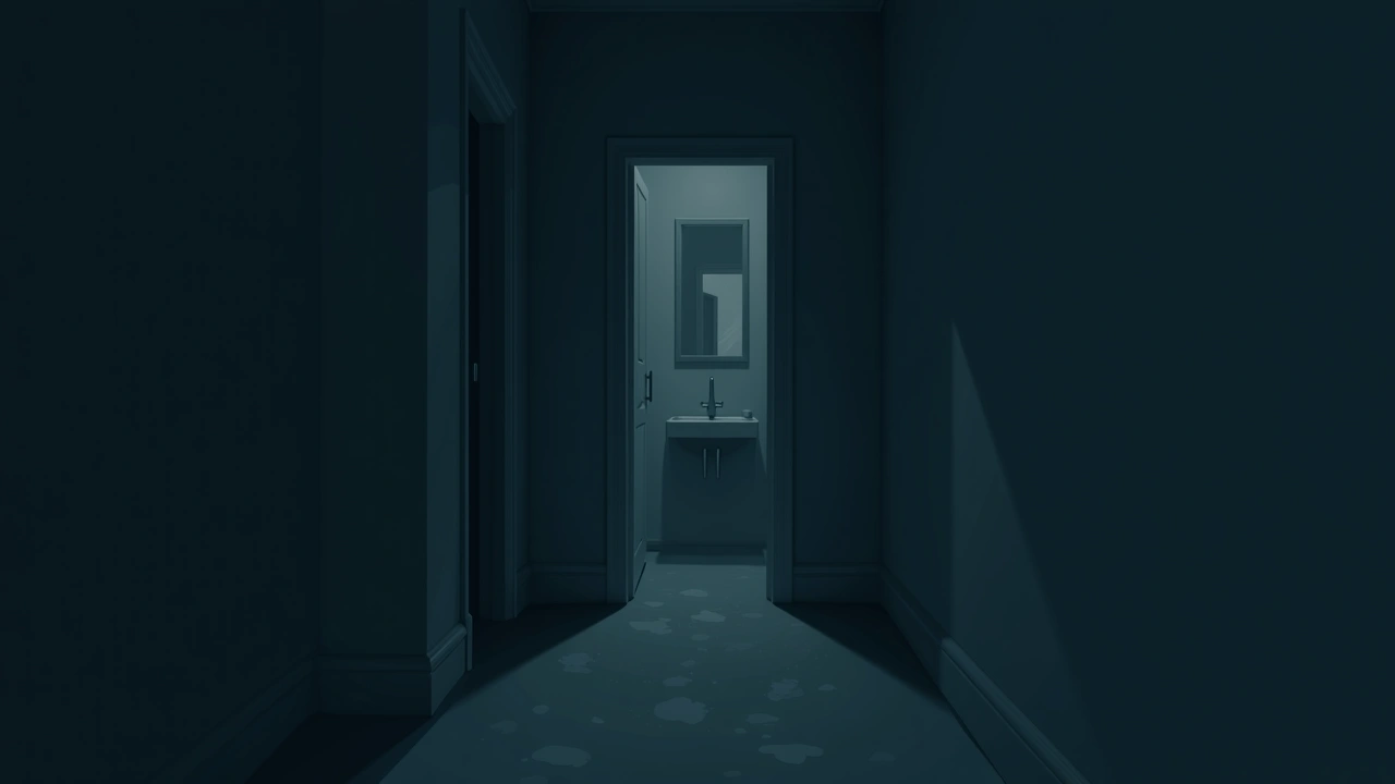 Illustration: a dim hallway at night near a kitchen doorway, with a wall mirror catching a faint, indistinct reflection.