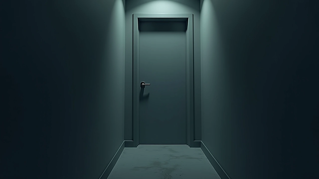 Illustration: a closed bathroom door at the end of a dim hallway.