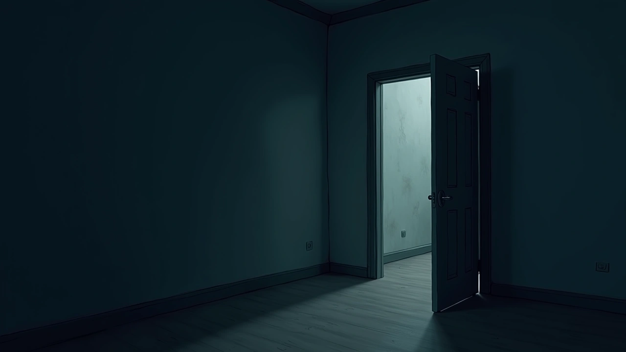 Illustration: a quiet bedroom doorway at dusk in an old house.