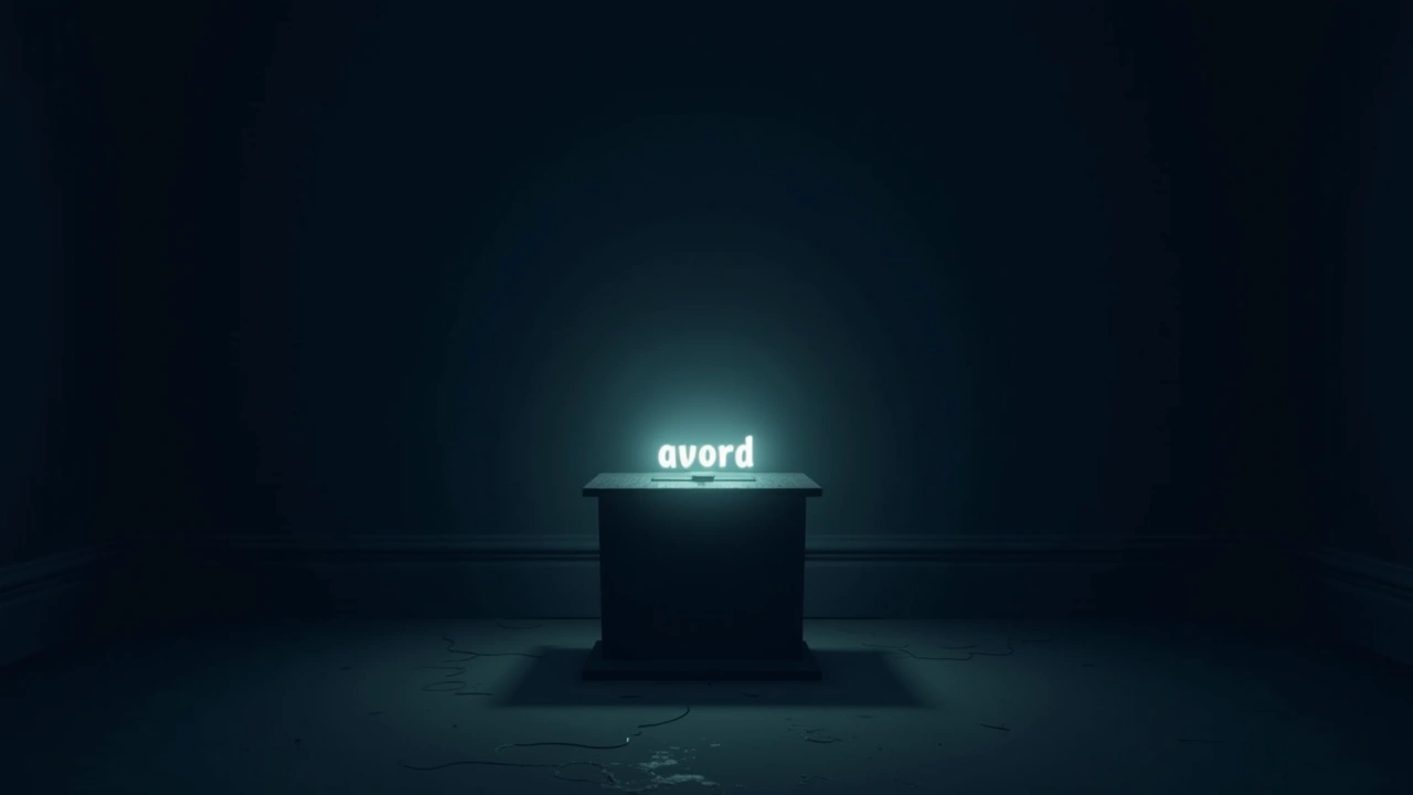Illustration: a spirit box device displaying a single glowing word in a dark, quiet room.