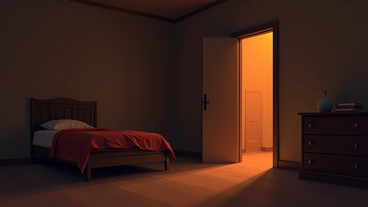 Illustration: a child's bedroom at night, door slightly open.